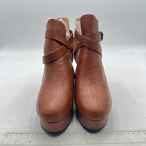 YDN Brown Retro Platform Cross Strap Buckles Ankle Boot Closed Toe Mid Heel Boot - Picture 2 of 7